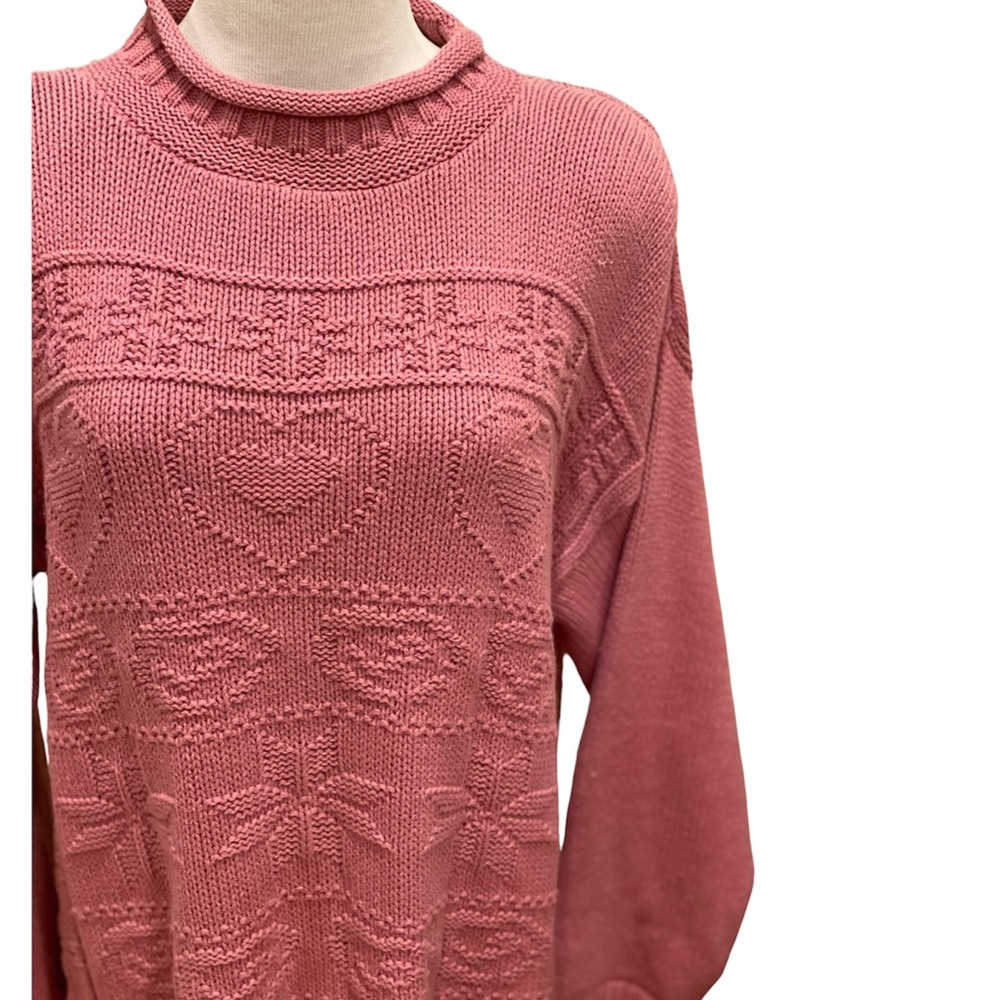 Vintage 90s Rose Pink Printed Knit Sweater Oversized Hearts L Cottage Roll Neck